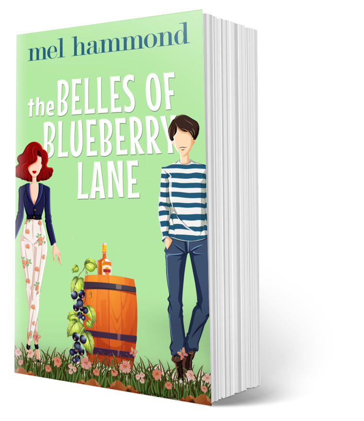 Book cover of 'The Belles of Blueberry Lane' by Mel Hammond with illustrations of two people and a barrel on a green background.