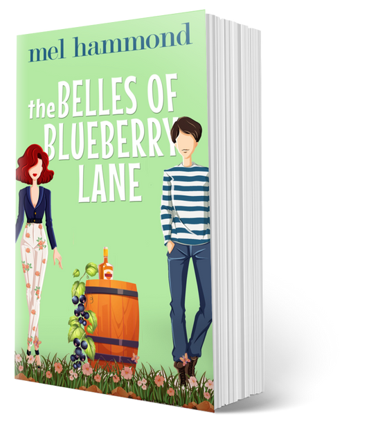 Book cover of 'The Belles of Blueberry Lane' by Mel Hammond with illustrations of two people and a barrel on a green background.